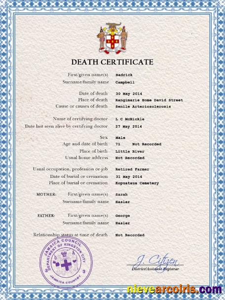 Jamaica death certificate
